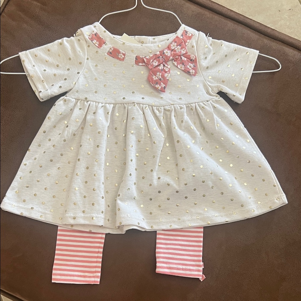 Max Studio White and Gold Polka Dot Dress with Pink Leggings Sz 6-9 mos New